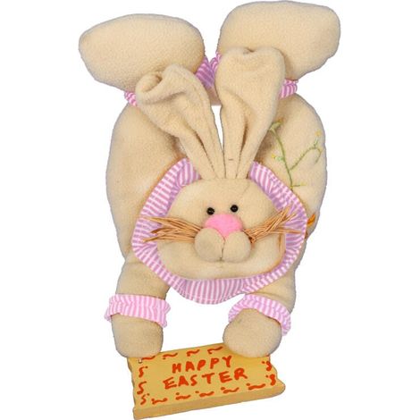 Coniglietto pasquale rosa - Decorazione da appendere alla porta in peluche con targhetta in legno, 38 cm (1/2)