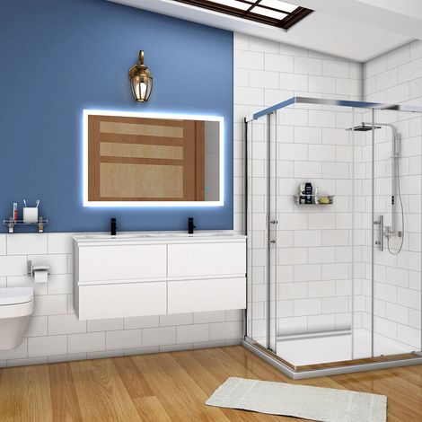 Ocean 120(L)x46(P)x52(H)cm meuble Salle de Bain blanc avec 4 tiroirs à une fermeture amortie avec deux vasques à suspendre avec un miroir de 100x60 cm