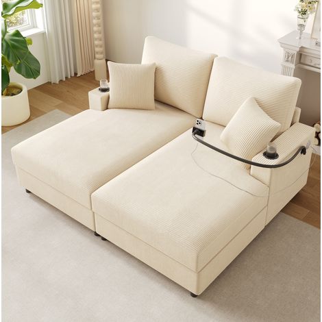 Divano letto beige 163x140x82 cm convertibile, supporto smartphone e USB, MEUBLIV (1/5)