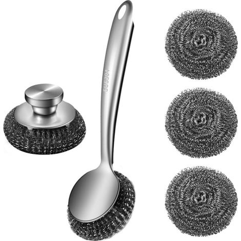Brosse de nettoyage en acier inoxydable à long manche – Brosse métallique ( brosse à casseroles à manche court et 3 têtes de rechange) (1/5)
