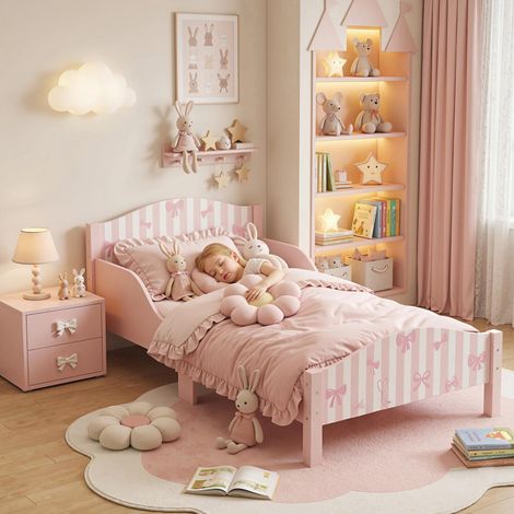 Lit Enfant 70x140 cm, Barrière de Sécurité, Motif Nœud, Sommier Lattes, Rose (1/5)