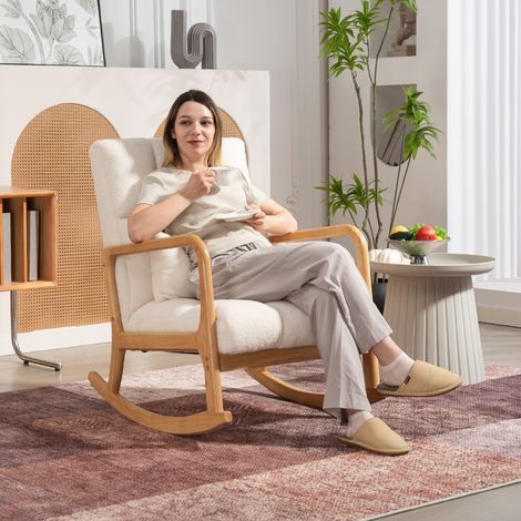 Fauteuil à bascule inclinable 90°-130° : coussin lombaire, revêtement tissu sherpa, 64,5x82x89 cm, blanc et finition bois