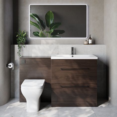Napoli 460 Cento Brown Oak 1400mm 2 Drawer Vanity Unit Toilet Suite with Glide Basin - 1400mm - Matt Black 480mm HandleWith Kingston Toilet Pan and Seat