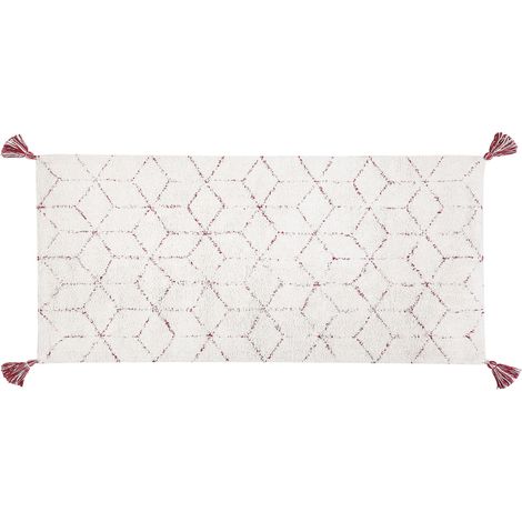 Alfombra de algodón blanco 80 x 150 cm rectangular con borlas diseño geométrico oriental Sakarya (1/5)