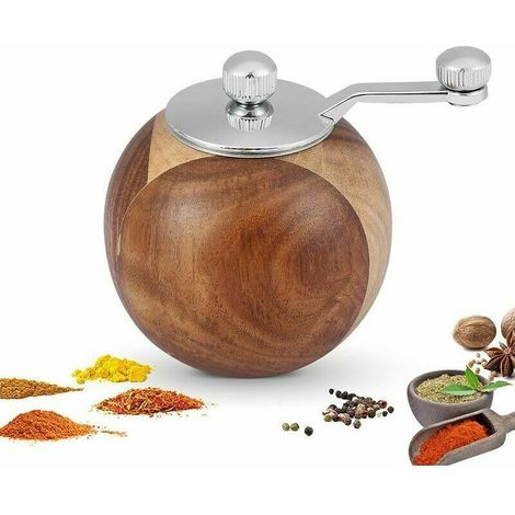 Moulin à poivre manuel, Moulin à sel en bois Moulin à épices rond Moulin à épices brun avec rotor en acier inoxydable pour la cuisine, cuisine (1/4)