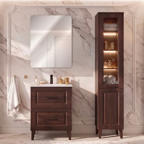 Ensemble meuble simple vasque encastrée 60cm et colonne Moka Bois foncé (1/5)