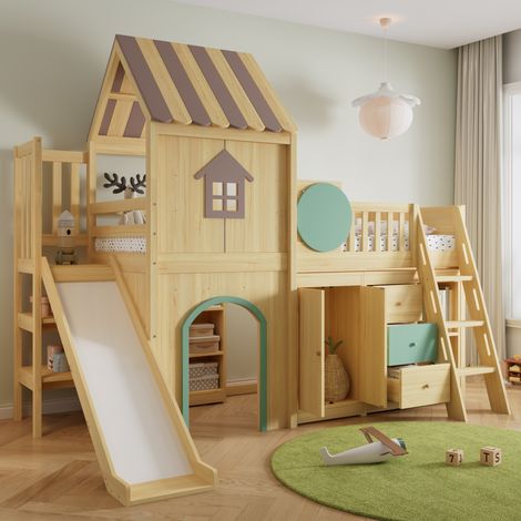 Lit mezzanine enfant 90x200 cm avec toboggan Lit cabane avec escalier armoire et tiroirs Pin et MDF Vert et Naturel (1/5)