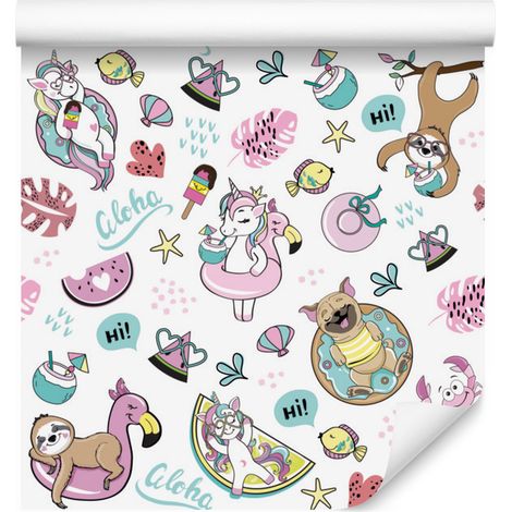 Papel pintado de unicornios y amigos para salón y dormitorio, 50x1000 cm. (1/5)