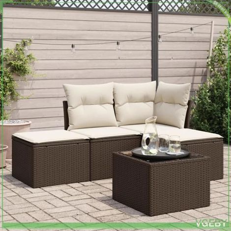 Salon de jardin - 3217493 - résine tressée marron - coussins déhoussables crème - table verre trempé (1/3)