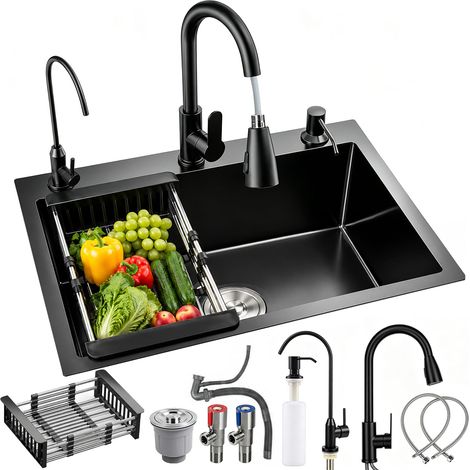Évier de cuisine noir de 50 x 45 cm avec robinet inclus, évier à cuve simple et robinets, ensemble d'évier de cuisine avec robinet extractible, distributeur de savon et égouttoir rétractable (1/5)