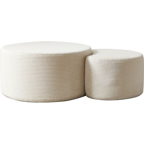 Set de 2 mesas otomanas redondas tapizadas en tejido beige sin montaje (1/5)