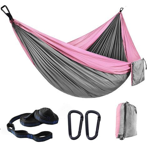 Hamac d'extérieur, hamac de voyage 300x200cm pour 2 personnes, hamac de camping en soie parachute 300kg avec 2 sangles en nylon + 2 boucles de randonnée en acier solide (Nouveau rose épelant gris clai (1/5)