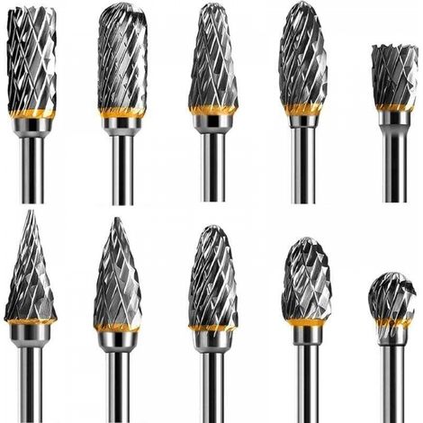 Jeu de Fraises Rotatives Acier Carbure de Tungstène Double Tranchant pour Outil rotatif, 10 pièces Tige 1/8” pour Outil Rotatif pour Bricolage, Sculpture sur bois, Polissage métaux, Gravure, Perçage (1/5)