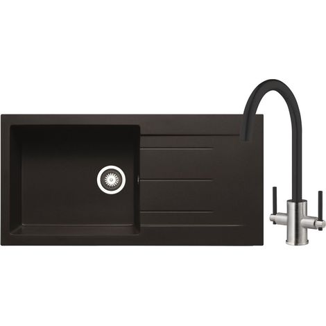 Prima+ Granite 1 Bowl inset Kitchen Sink With Swan Neck Mixer Tap Pack 1000mm L x 500mm W - Black (1/4)