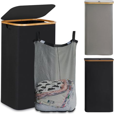 Panier à linge avec couvercle, 100 litres noir, anse en bambou, ultra-fin et pliable, doublure en maille amovible, grande corbeille à vêtements pour dortoir et buanderie (1/5)
