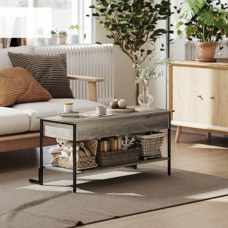 Table basse avec plateau relevable, table de salon avec compartiment caché et étagère ouverte, 95x40x59cm, gris