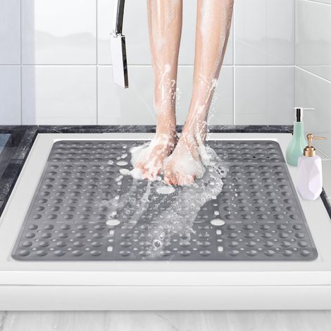 Tapis de Douche Antidérapant 70x70cm Grand Tapis de Baignoire Carré avec Ventouse Puissante, PVC Anti Moisissure Tapis de Bain en Caoutchouc pour Personnes âgées,Lavable en Machine (Gris) (1/4)