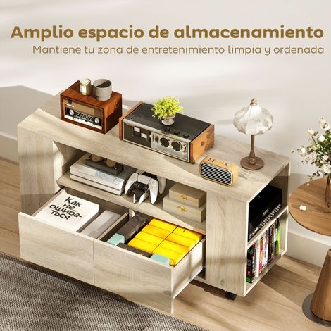 Mueble de TV con Ruedas para Televisión hasta 42 Pulgadas con 2 Cajones Estantes Ajustables Madera Natural (1/5)