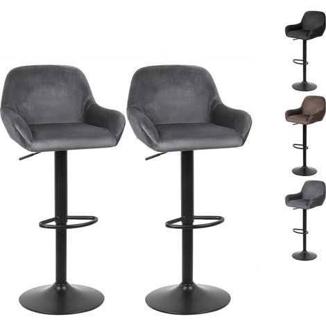 Hofuton Tabouret de Bar Velours Lot de 2, Hauteur Réglable, Repose-Pieds Chromés, Rotatif à 360 Dégrées, pour Bar, Comptoir ou Cuisine, Gris (1/5)