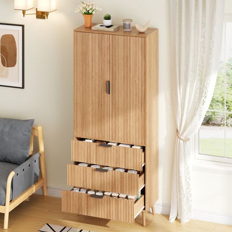 Küchenhochschrank 75x35x180 cm aus MDF in Natur, 2 Türen, 3 Schubladen – MEUBLIV (1/5)
