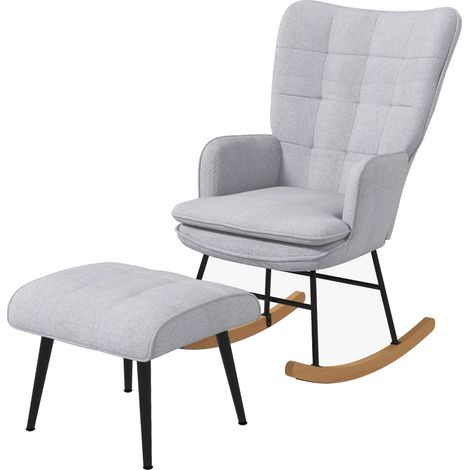 Fauteuil à bascule scandinave avec repose-pieds, bois de hêtre, matelassé gris, 64x89x90 cm (1/5)