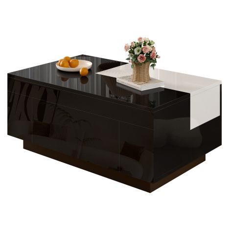 Table basse haute brillance avec éclairage LED, plateau extensible noir et blanc, espace de rangement dissimulé et bande lumineuse réglable sur 16 couleurs — le choix idéal pour un salon élégant.