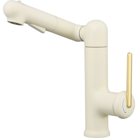 Grifo para lavabo de cobre con manija elevable, diseño de baño moderno, color blanco roto (1/4)