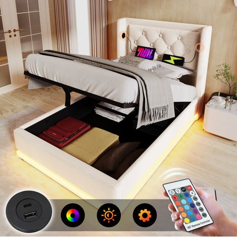 Cama tapizada 90/200 cm beige de algodón con almacenaje hidráulico, LED y puertos USB-C (1/5)