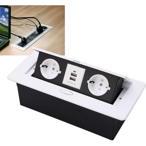 Prise encastrée escamotable à double sortie, blanche céramique J29L, norme européenne + double port USB, 250 V (1/5)