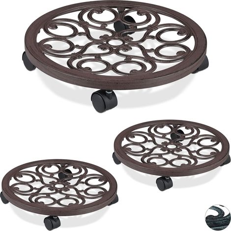 Set of 3 Relaxdays Round Plant Caddies, Metal Flower Pot Roller for Indoors & Outdoors, Antique Look, Ø 38 cm, Brown