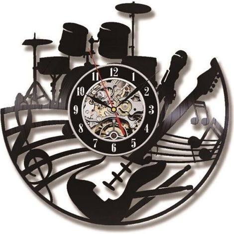 Horloge Murale Décorative "Guitare et Vinyle" - Design Moderne et Créatif - Œuvre d'Art Murale pour Salon/Chambre - 12 Pouces (30cm) LED