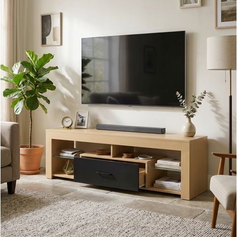 Mueble TV hasta 65 pulgadas, 140 x 40 cm, estantes de vidrio ajustables, roble OKMYHOME (1/5)