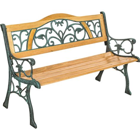 Tectake – Banc de jardin 2 places en bois naturel laqué – Éléments en fonte décoratifs – Dimensions 124x60x83 cm – Résistant aux intempéries (1/5)