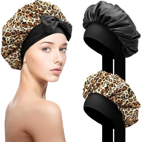 Bonnet de Nuit en Satin SOMLAW, Noir+Imprimé Léopard, Réglable, Multifonctionnel, Protection des cheveux, Taille Unique, Pour Femmes, Été