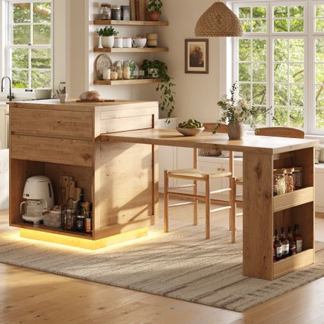 Îlot de Cuisine Extensible 122-194,5 cm avec 4 Tiroirs et Placard Latéral, Plan de Travail Pliable, Éclairage LED RGB avec Application, MDF, 70 x 94 cm, Couleur Bois Naturel (1/5)