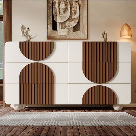 Kommode 121x41x71 cm Weiß aus MDF und Massivholz mit 6 Schubladen, geschwungenem Design und Kippsicherung (1/5)