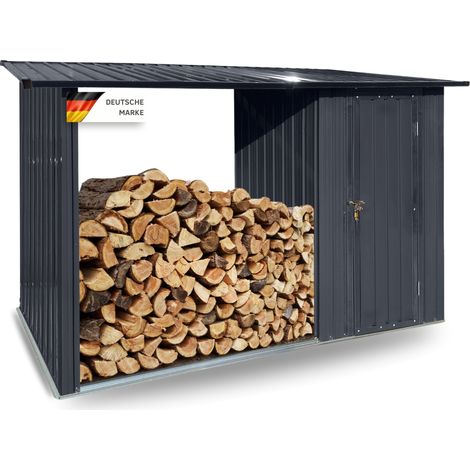 Albatros Profi Gerätehaus M –Geräteschuppen mit Holzunterstand für 2,3m³ Holz, verzinktes Metall in Anthrazit (RAL 7016) 266x127x161cm wetterfest