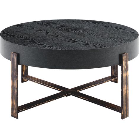 CAIziTable basse ronde rétro industrielle 68cm MDF noir métal bronze (1/5)