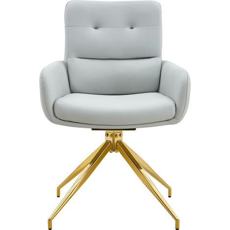 Ensemble table ronde et quatre chaises, plateau en verre trempé 85 cm, fauteuils pivotants à 360°, similicuir gris clair et métal doré (1/5)