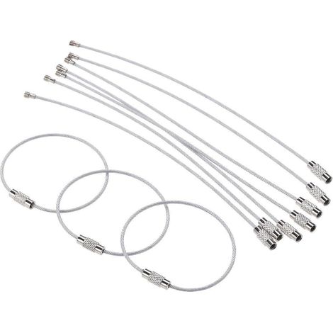 10 anneaux porte-clés en câble d'acier inoxydable, mousquetons et attaches pour clés, lot de 10, résistant, gris métallisé. (1/2)