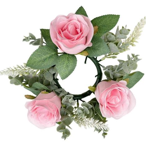 Couronne de bougies avec anneaux et supports pour bougies piliers, roses artificielles de 22 cm, idéale pour Noël, décoration de porte d'entrée, fête ou bar.-Pink