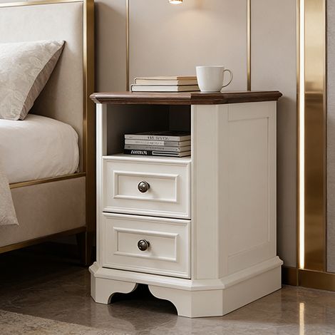 Table de chevet bois Style Farmhouse 18" avec Station de Charge, Meuble d'Appoint à 2 Tiroirs pour Chambre & Salon - Panneau de Particules Blanc Antique (1/5)
