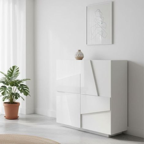 Étagère à chaussures Joel, Armoire polyvalente avec 2 portes, Étagère à chaussures d'entrée, 81x38h86 cm, Blanc brillant avec détail (1/5)