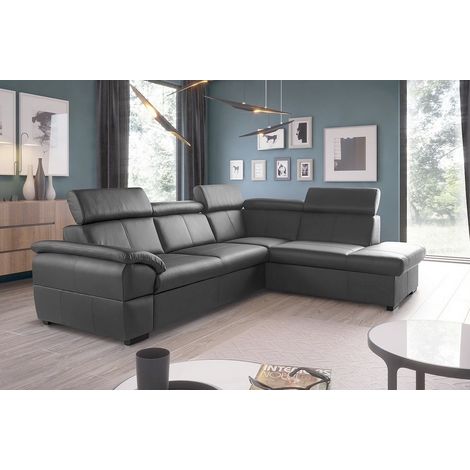 Canapé d'angle convertible en cuir italien de luxe 5/6 places TONY, avec coffre, gris foncé, angle droit (1/4)