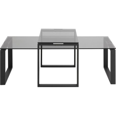 Kate Couchtisch Set Rauchfarbenes Glas und Metall matt schwarz.