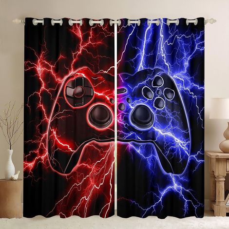 Rideau Occultant 140x260 cm Gaming, Rideau Gamer, Rideaux Voilage Consoles de Jeux Vidéo, Voilage Fenetre Rouge Bleu Lightning, pour Chambre SalonDécor de Jeu - 140L X 260H cm (2 Panneaux) (1/5)