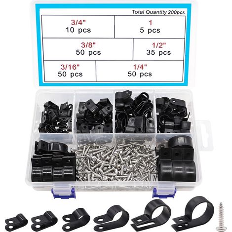200 pièces serre-câbles noirs en nylon et plastique type R 6 tailles 3/16'' 1/4'' 3/8'' 1/2'' 3/4'' 1'' kit d'assortiment de clips de fil de montage de câble avec vis pour la gestion des fils H-049 (1/5)