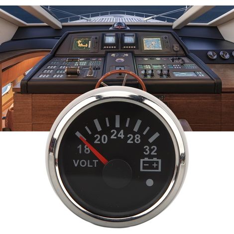 Analoges Voltmeter (52 mm), DC 9–32 V/DC 18–32 V, mit siebenfarbiger Hintergrundbeleuchtung, ideal für Wohnmobile, Yachten, Fischerboote und Schiffe. Schwarzes Zifferblatt, silbernes Gehäuse (Ref.: CX (1/5)