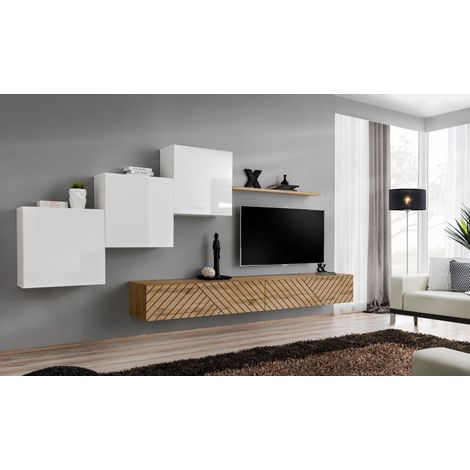 Ensemble de 6 meubles muraux "Switch X " pour TV en bois - Blanc et Beige - L 330 x H 150 x P 40 cm - Livraison gratuite