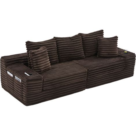 Canapé compressé en tissu côtelé avec dossier haut, coussins supplémentaires, poches latérales des deux côtés et porte-gobelets, modulable librement en canapé-lit, rembourrage doux pour un confort max (1/5)